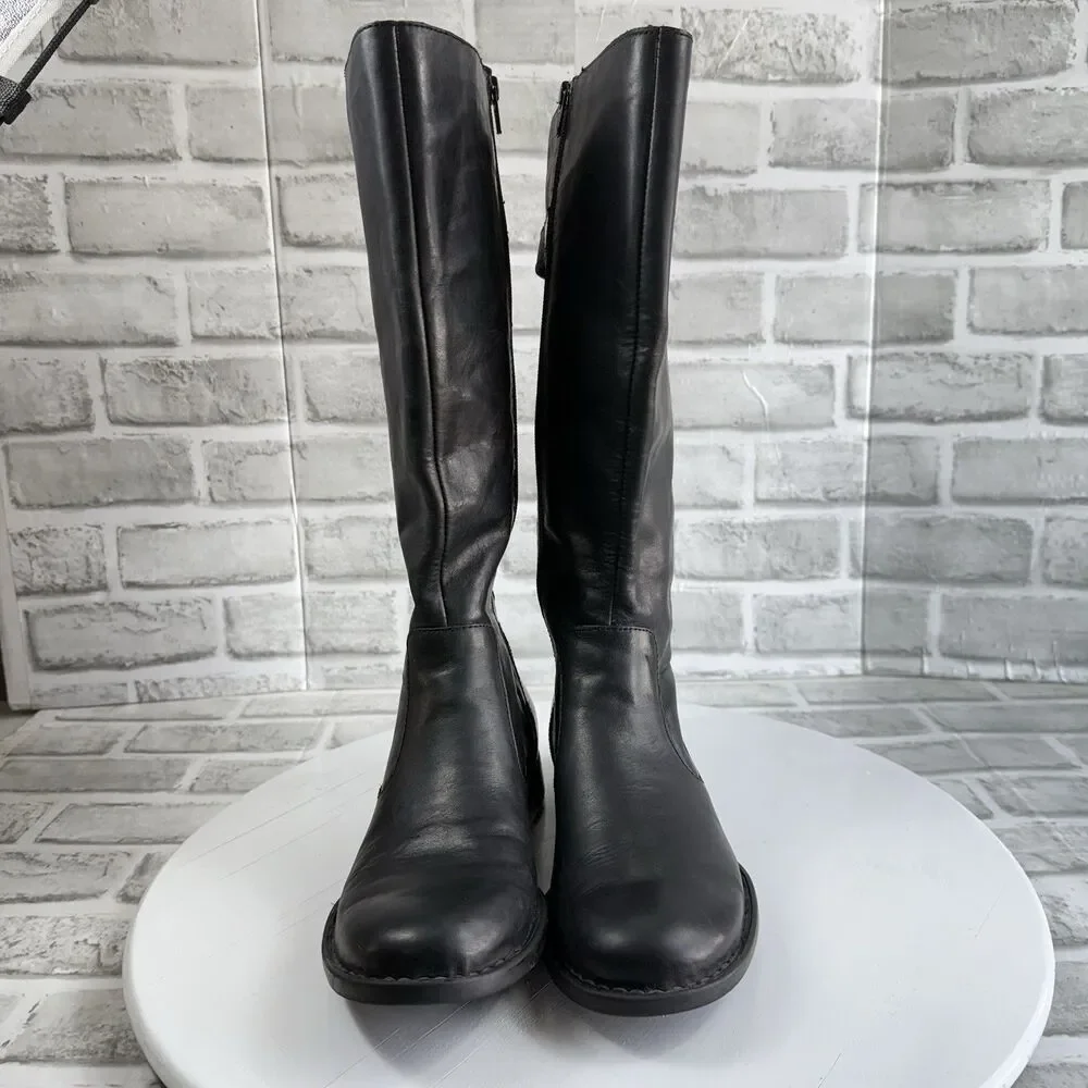 BORN Women's Size 7.5 Black Leather Knee High Side Zip Buckle Boots